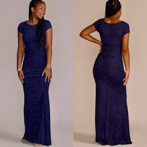 Jules‎ & Cleo Ruched Glitter Knit Cap Sleeve Sheath Stretch Gown Navy Plus Sz 2X